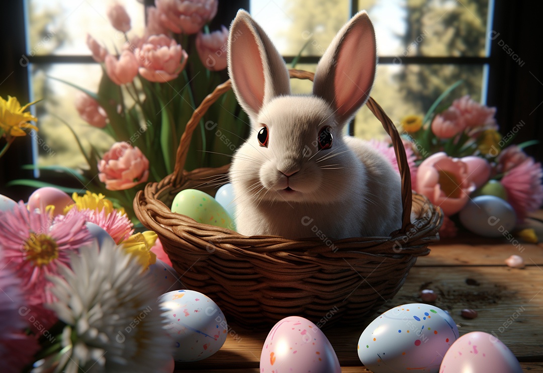 Coelho fofo sobre ovos de páscoa coloridos