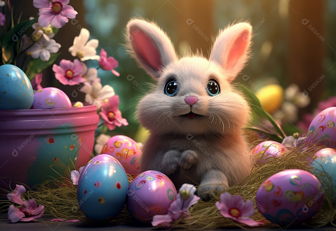 Coelho fofo sobre ovos de páscoa coloridos