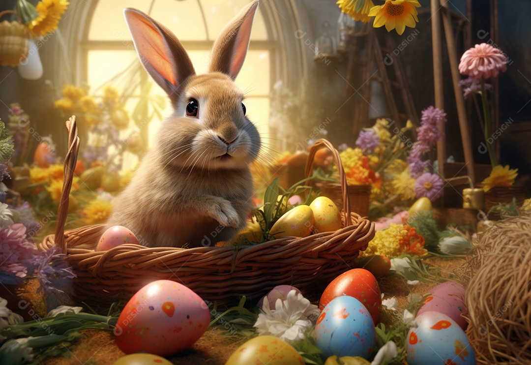 Coelho fofo sobre ovos de páscoa coloridos