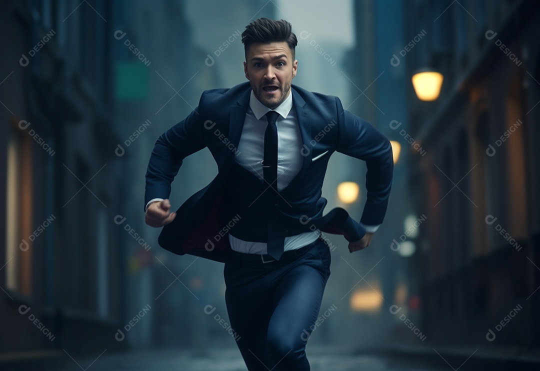 Um empresário de terno corre para trabalhar