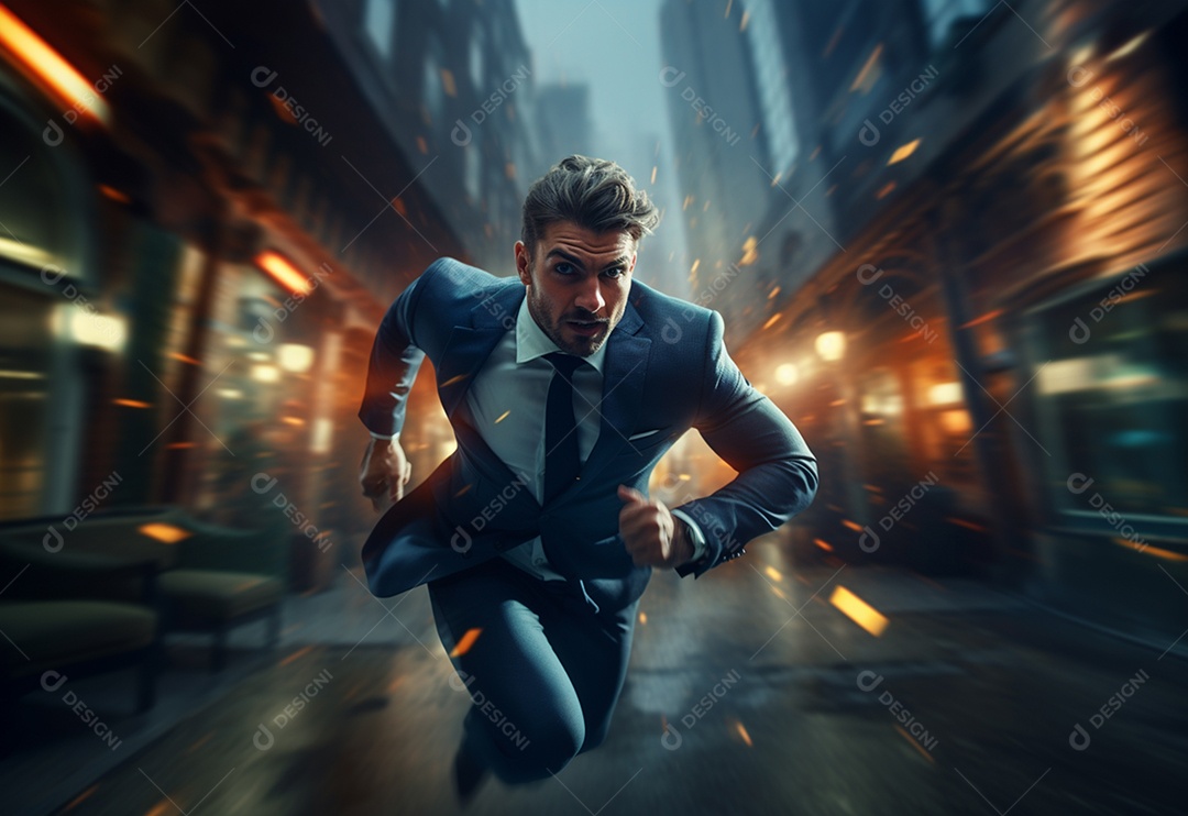 Um empresário de terno corre para trabalhar