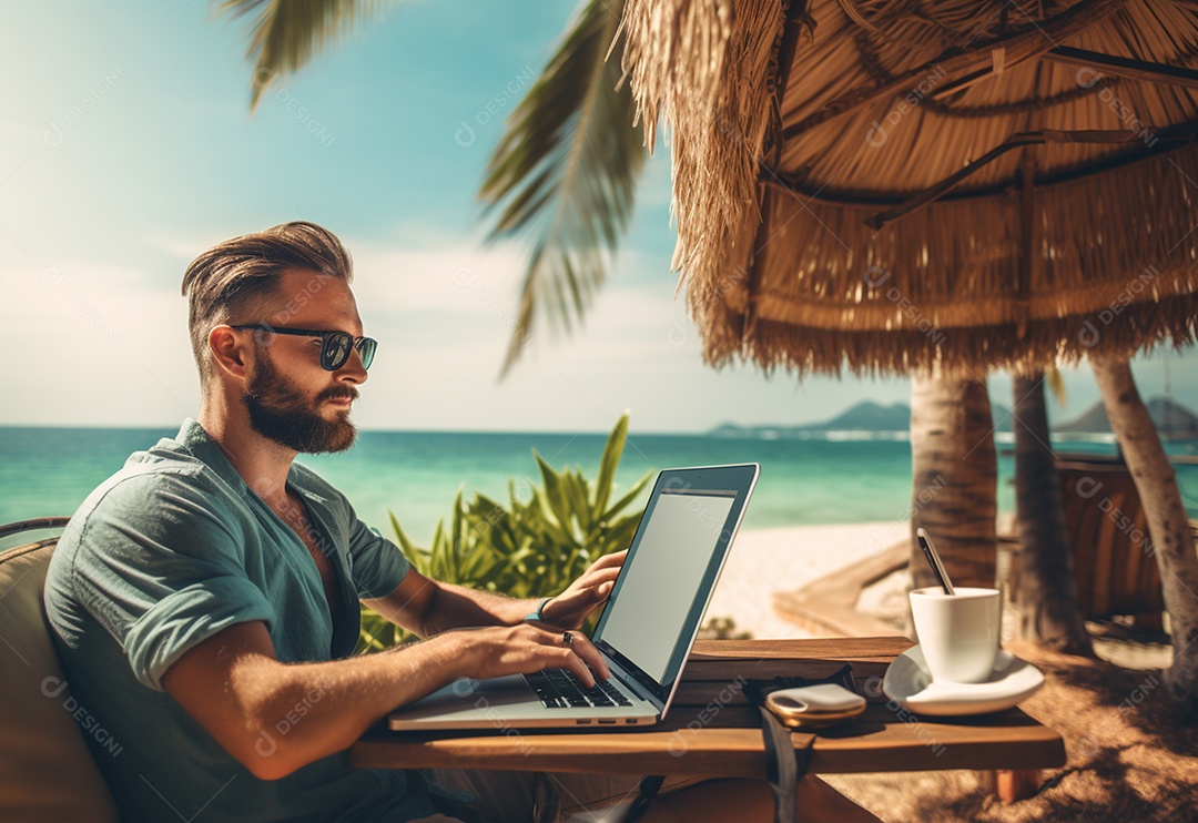 Homem trabalhando em um laptop na praia