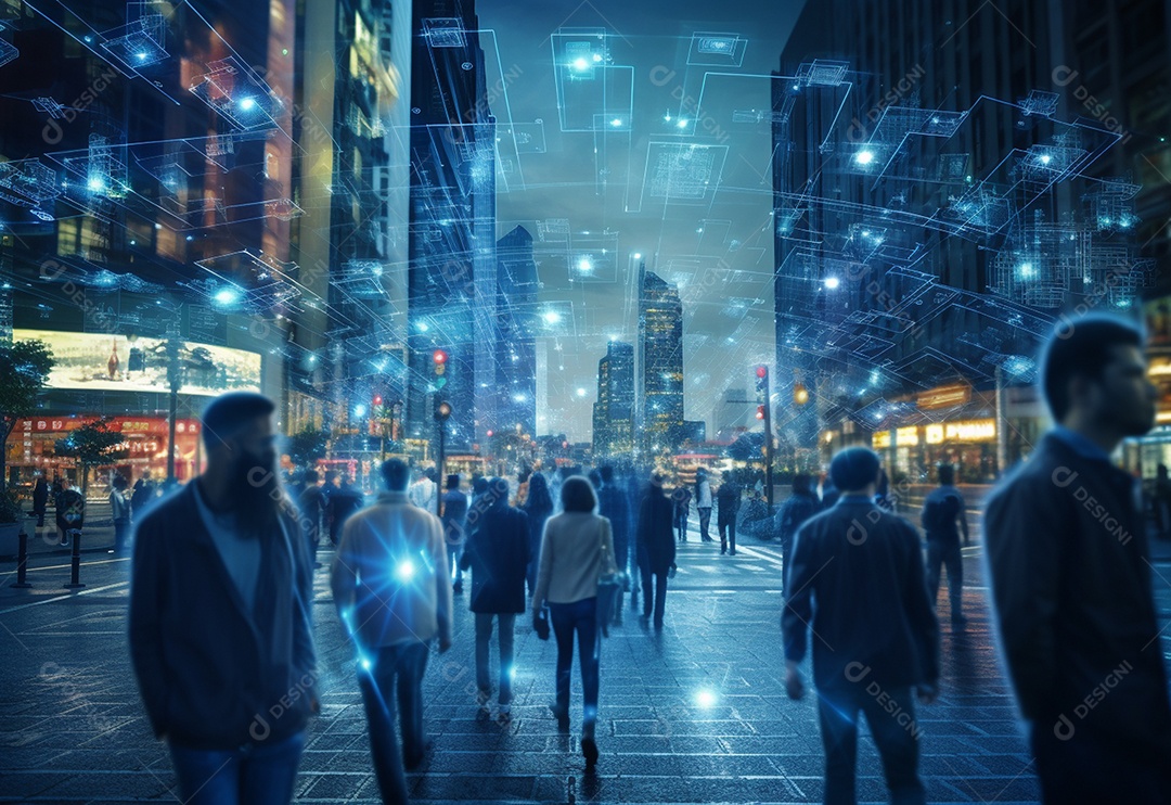 Uma multidão gerada por IA de pessoas andando na cidade movimentada