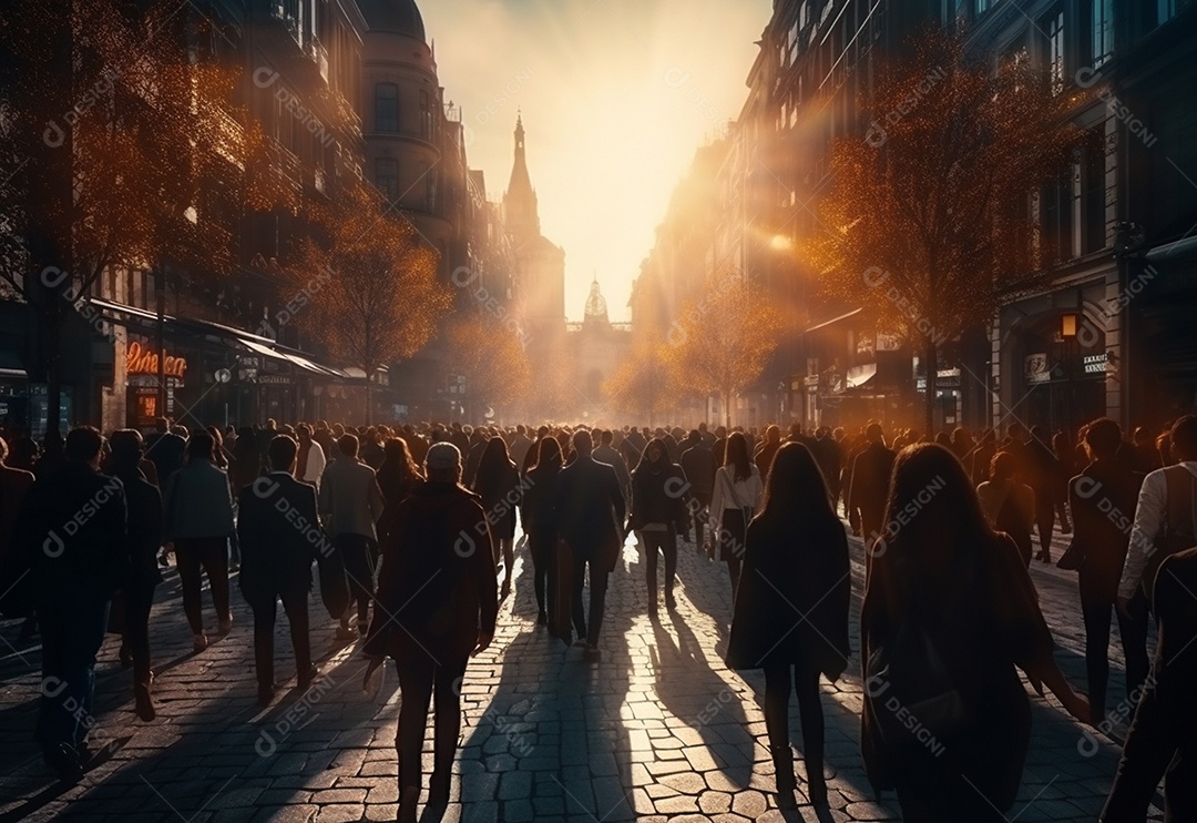 Uma multidão gerada por IA de pessoas andando na cidade movimentada