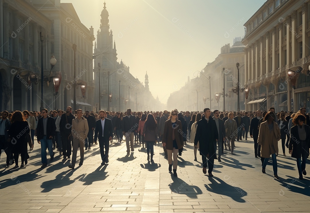 Uma multidão gerada por IA de pessoas andando na cidade movimentada