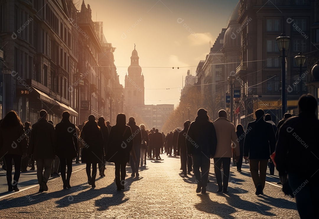 Uma multidão gerada por IA de pessoas andando na cidade movimentada
