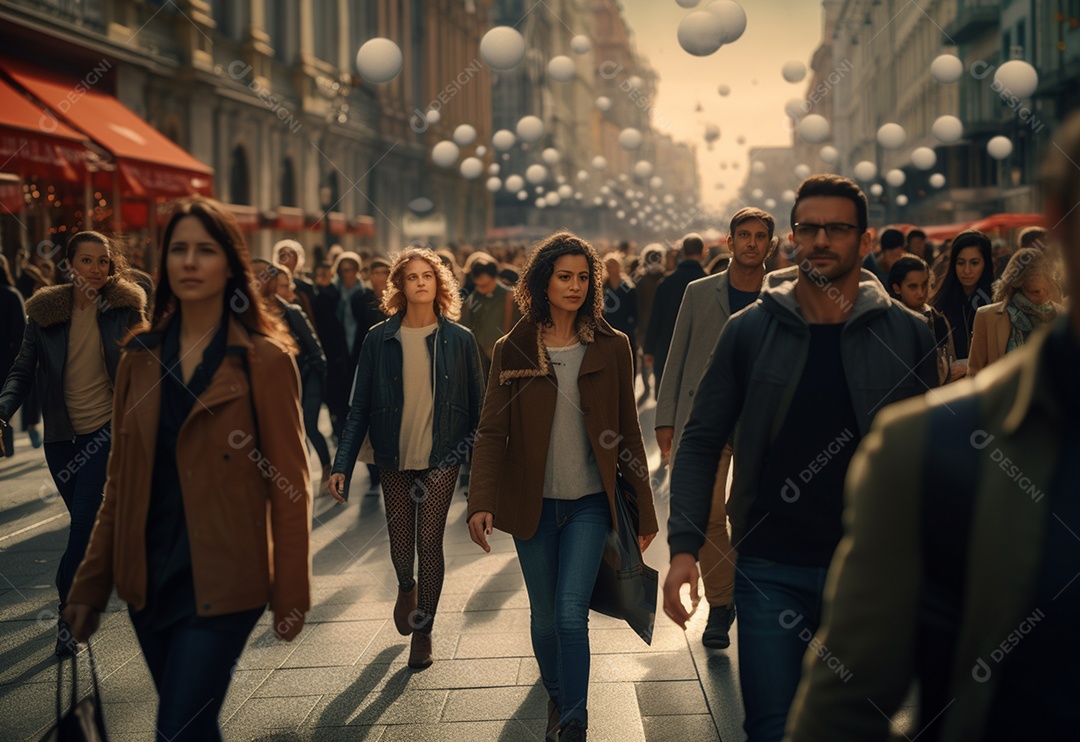 Uma multidão gerada por IA de pessoas andando na cidade movimentada