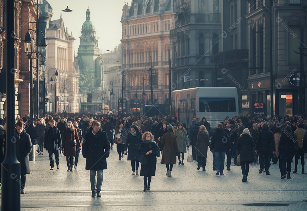 Uma multidão gerada por IA de pessoas andando na cidade movimentada