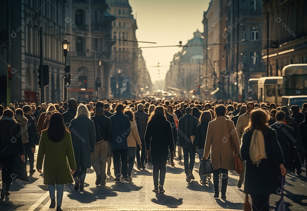 Uma multidão gerada por IA de pessoas andando na cidade movimentada