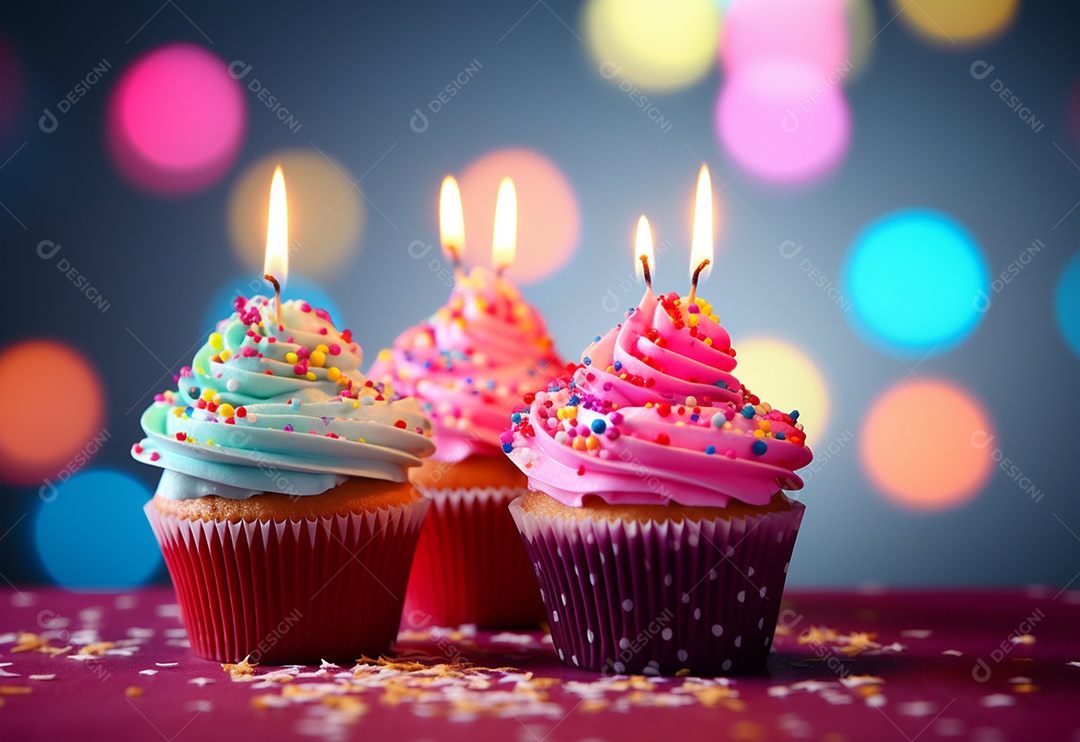 Cupcakes de aniversário de foto de fundo desfocado colorido