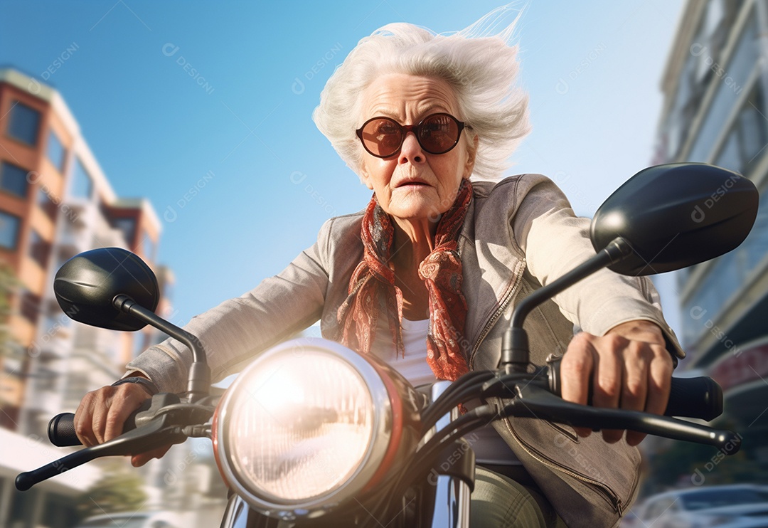 Mulher idosa motorista de moto