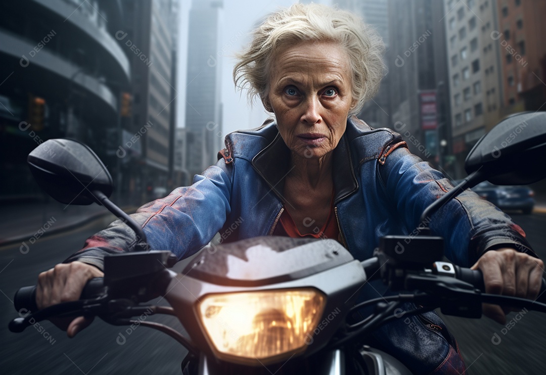 Mulher idosa motorista de moto