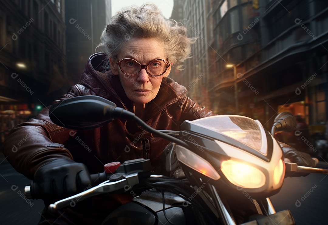 Mulher idosa motorista de moto