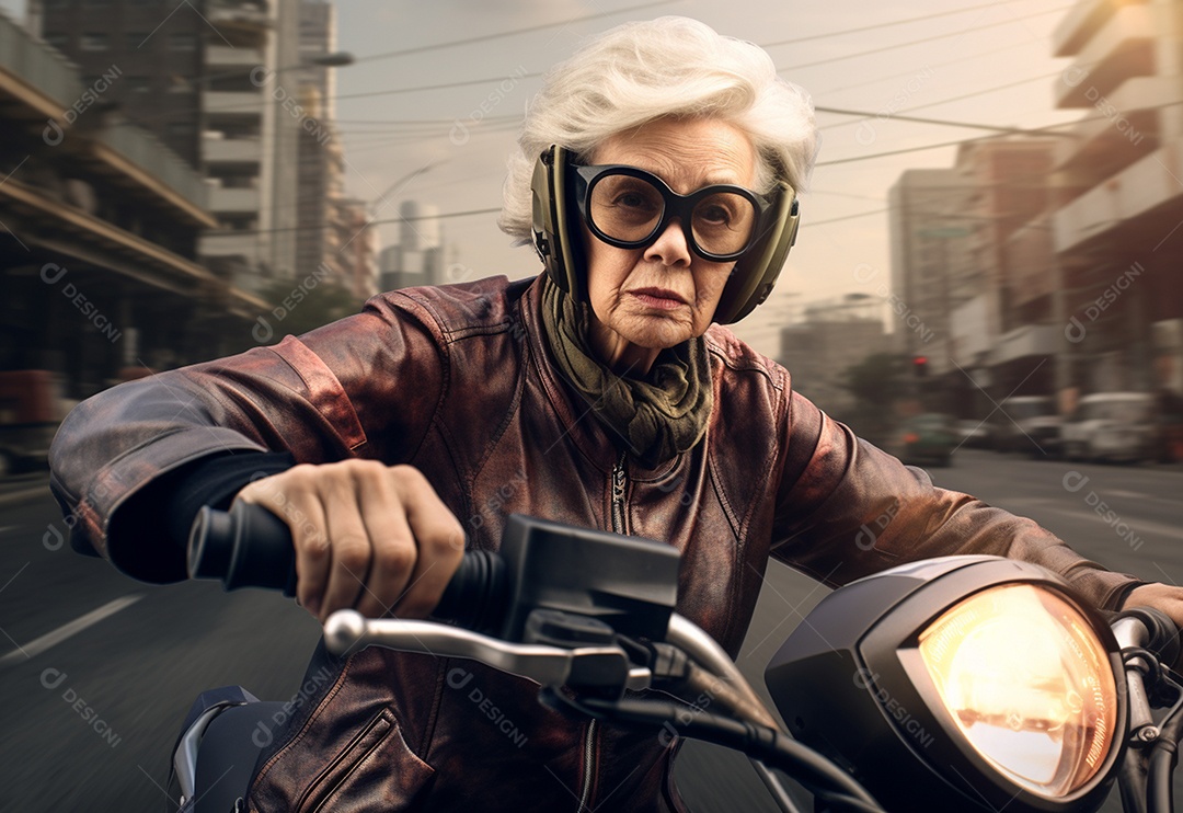 Mulher idosa motorista de moto