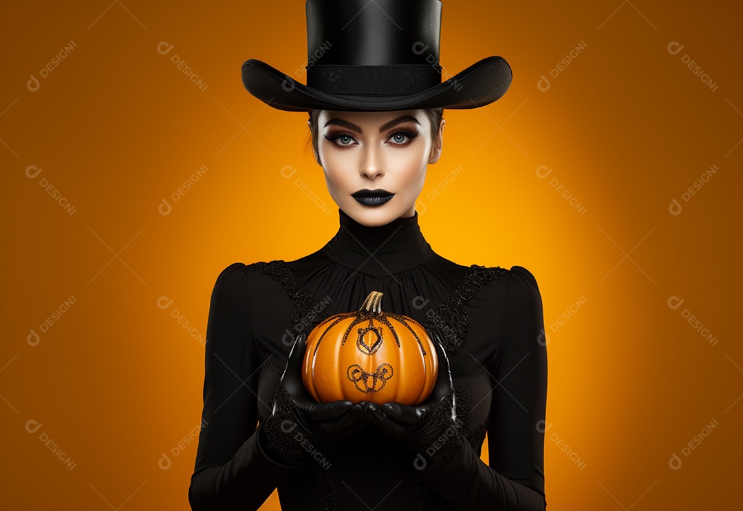 Mulher do mágico da foto que veste o traje preto e o dia das bruxas