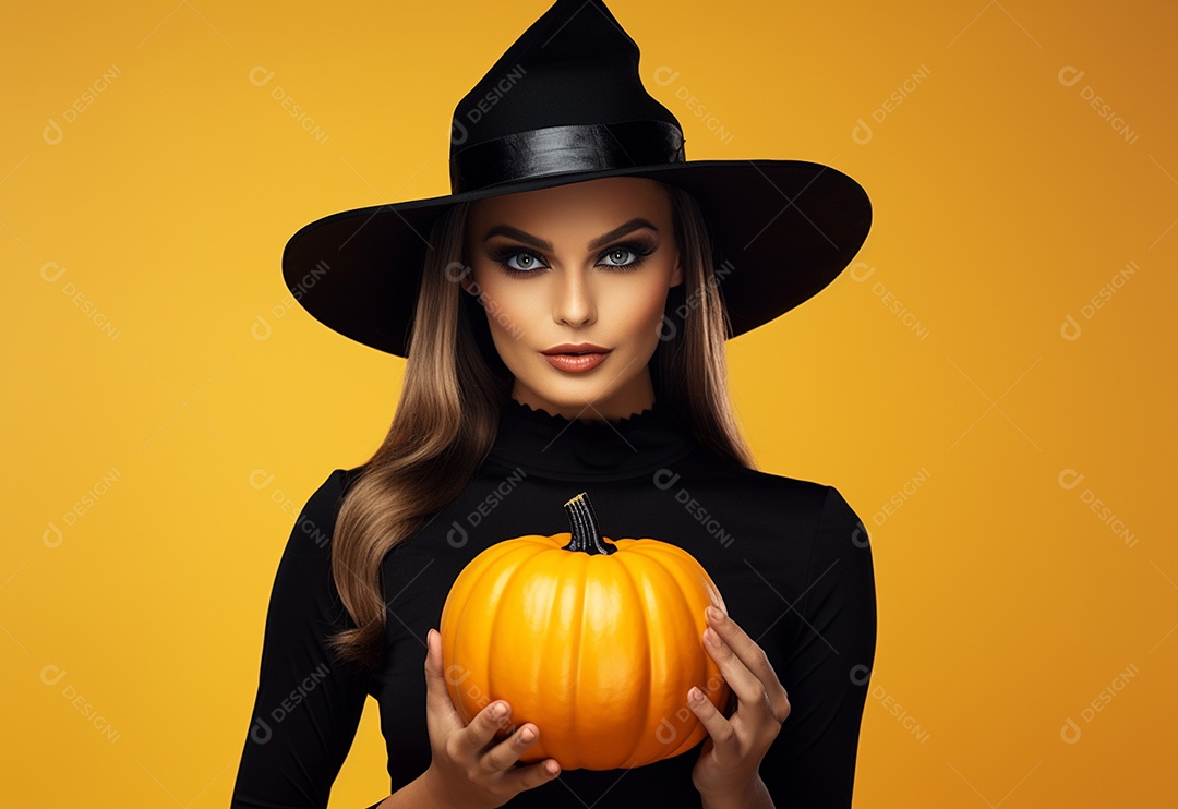 Mulher do mágico da foto que veste o traje preto e o dia das bruxas