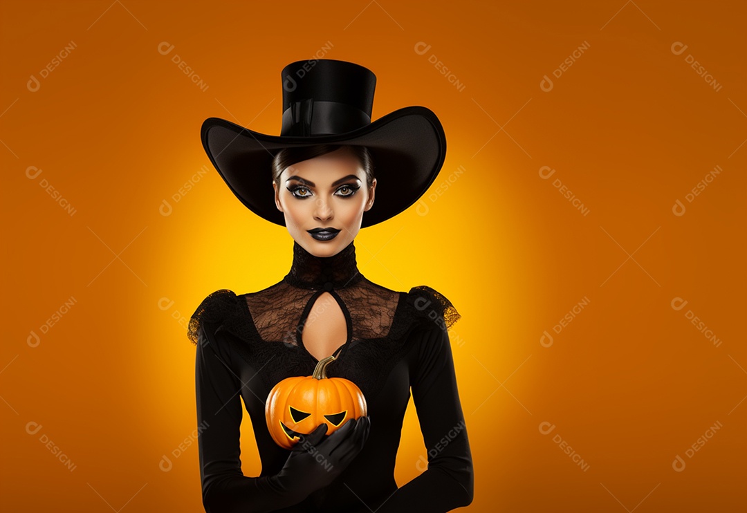 Mulher do mágico da foto que veste o traje preto e o dia das bruxas