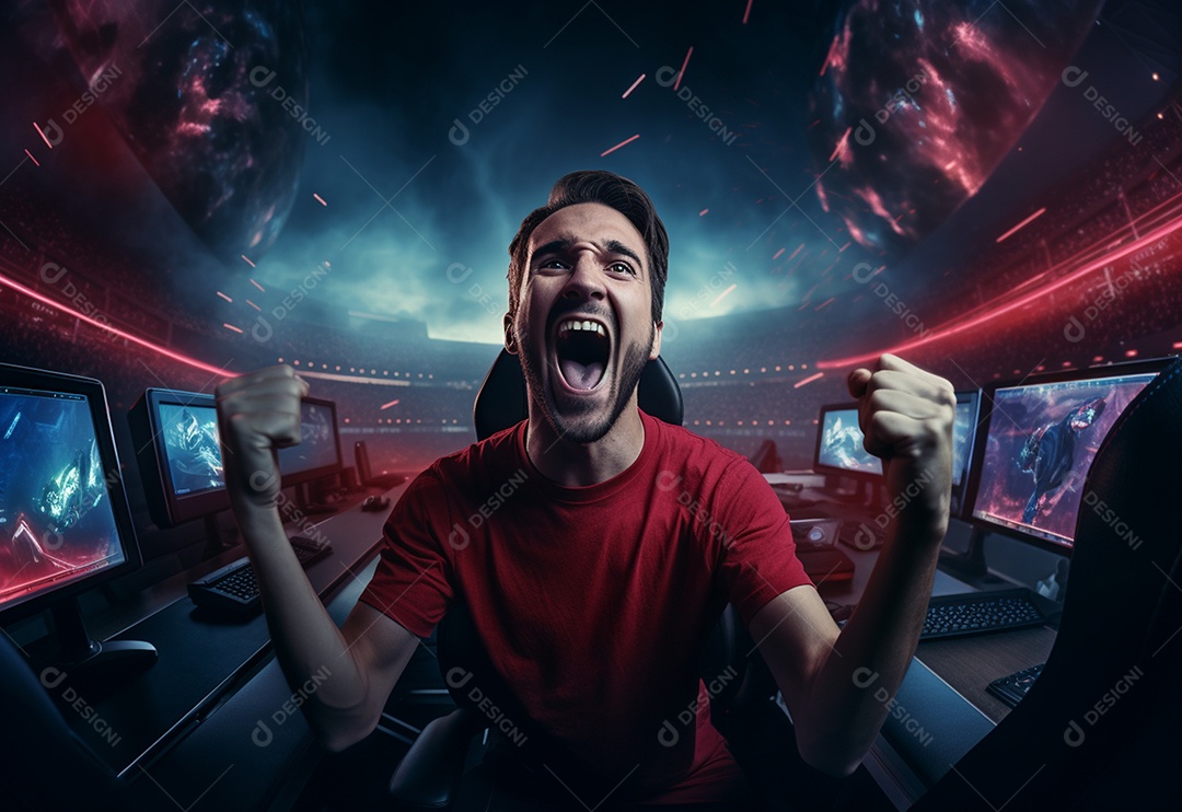O jogador de eSports profissional da foto regozija-se na vitória