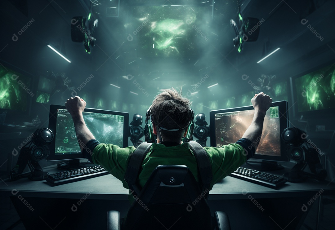 O jogador de eSports profissional da foto regozija-se na vitória