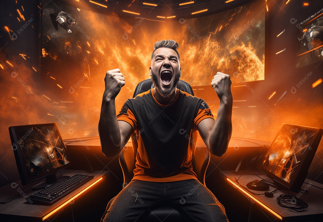 O jogador de eSports profissional da foto regozija-se na vitória