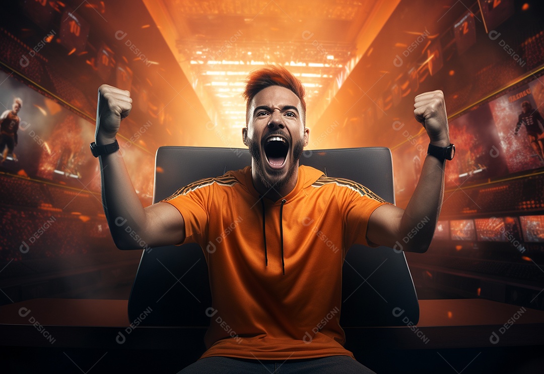 O jogador de eSports profissional da foto regozija-se na vitória