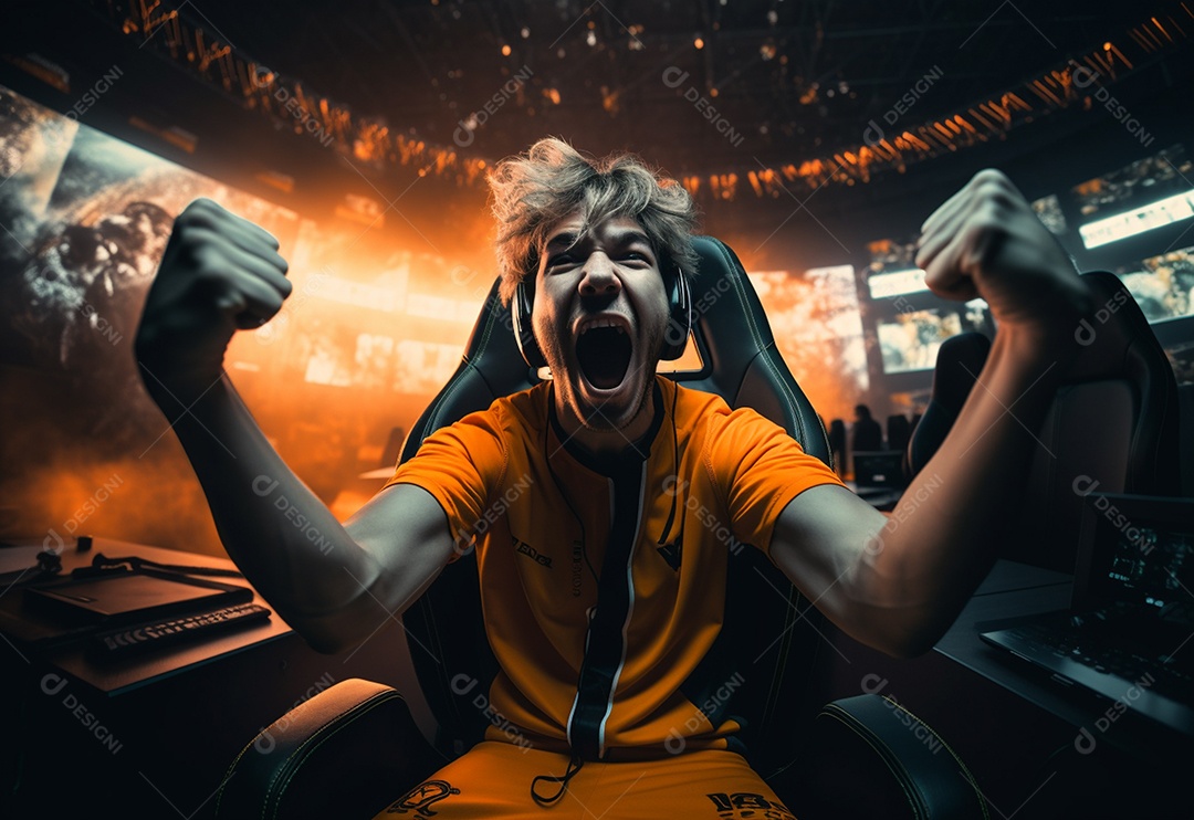 O jogador de eSports profissional da foto regozija-se na vitória