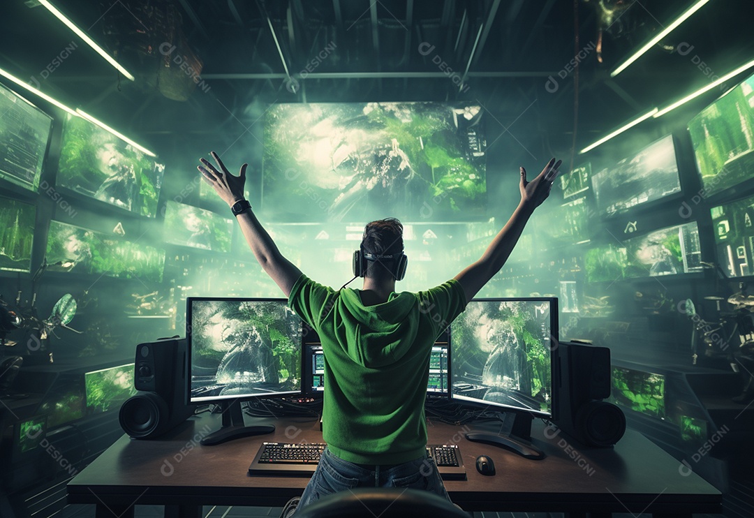 O jogador de eSports profissional da foto regozija-se na vitória