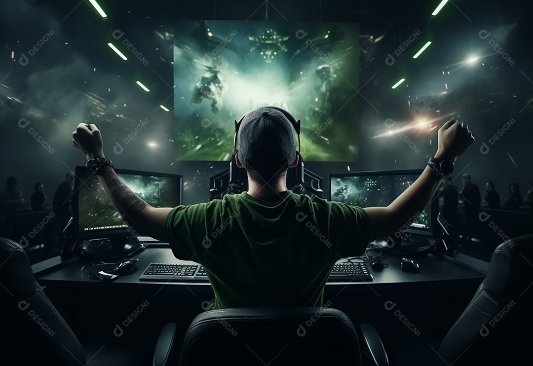 O jogador de eSports profissional da foto regozija-se na vitória