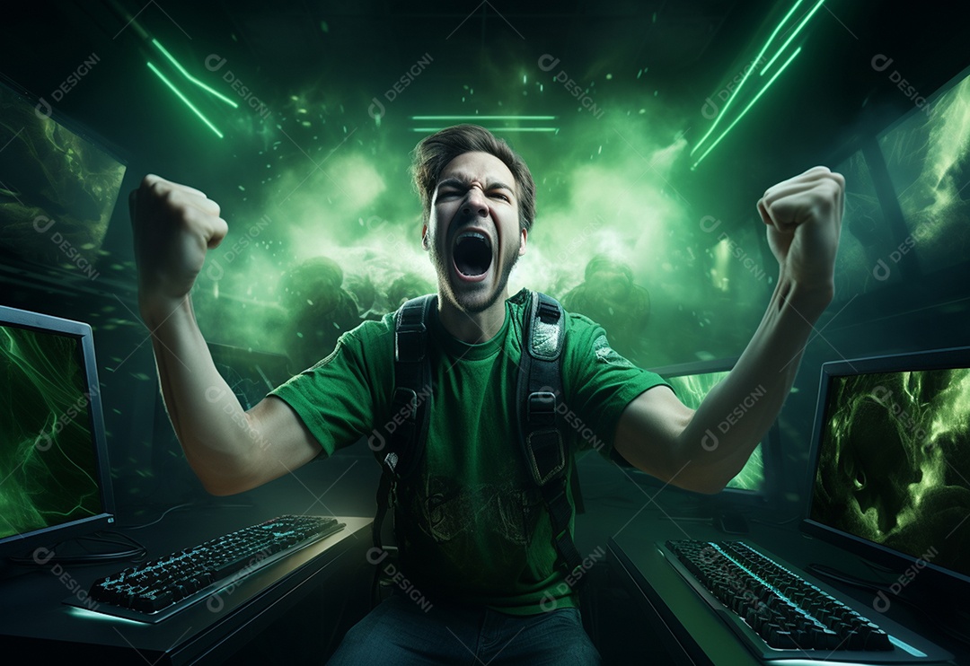 O jogador de eSports profissional da foto regozija-se na vitória