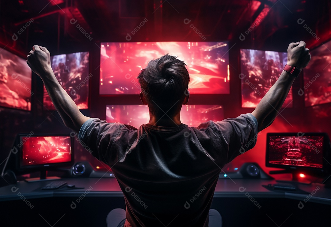 O jogador de eSports profissional da foto regozija-se na vitória