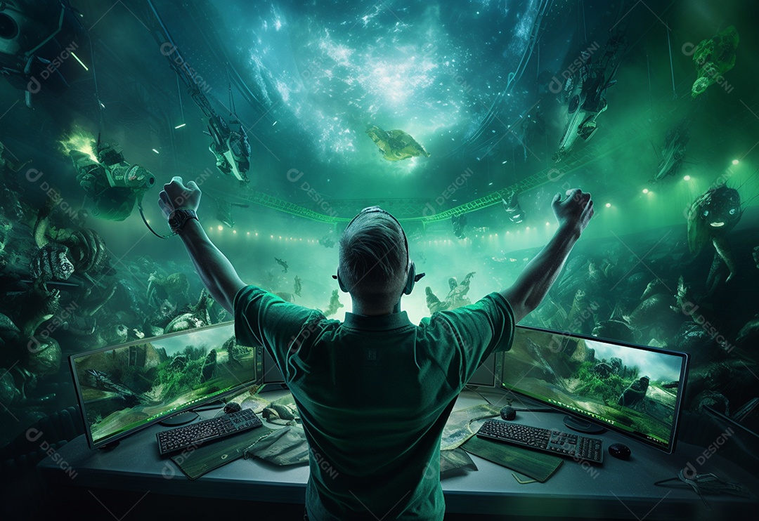 O jogador de eSports profissional da foto regozija-se na vitória