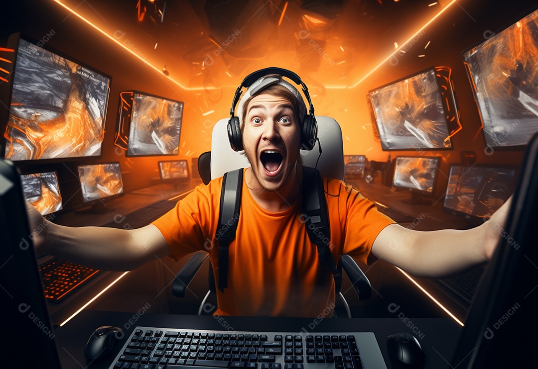 O jogador de eSports profissional da foto regozija-se na vitória