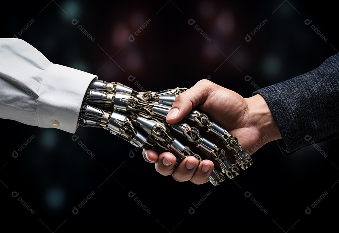 Homem e robô dando as mãos