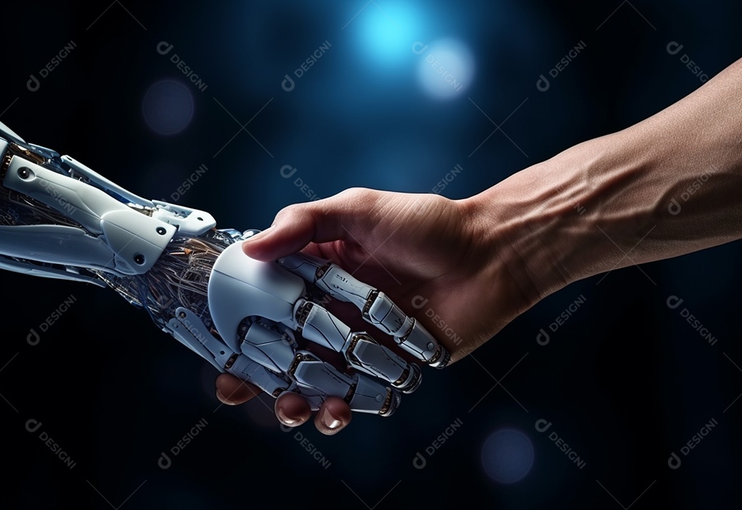 Homem e robô dando as mãos