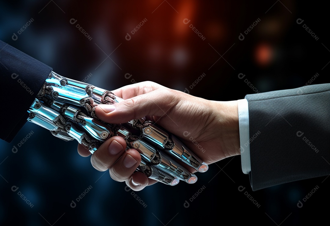 Homem e robô dando as mãos