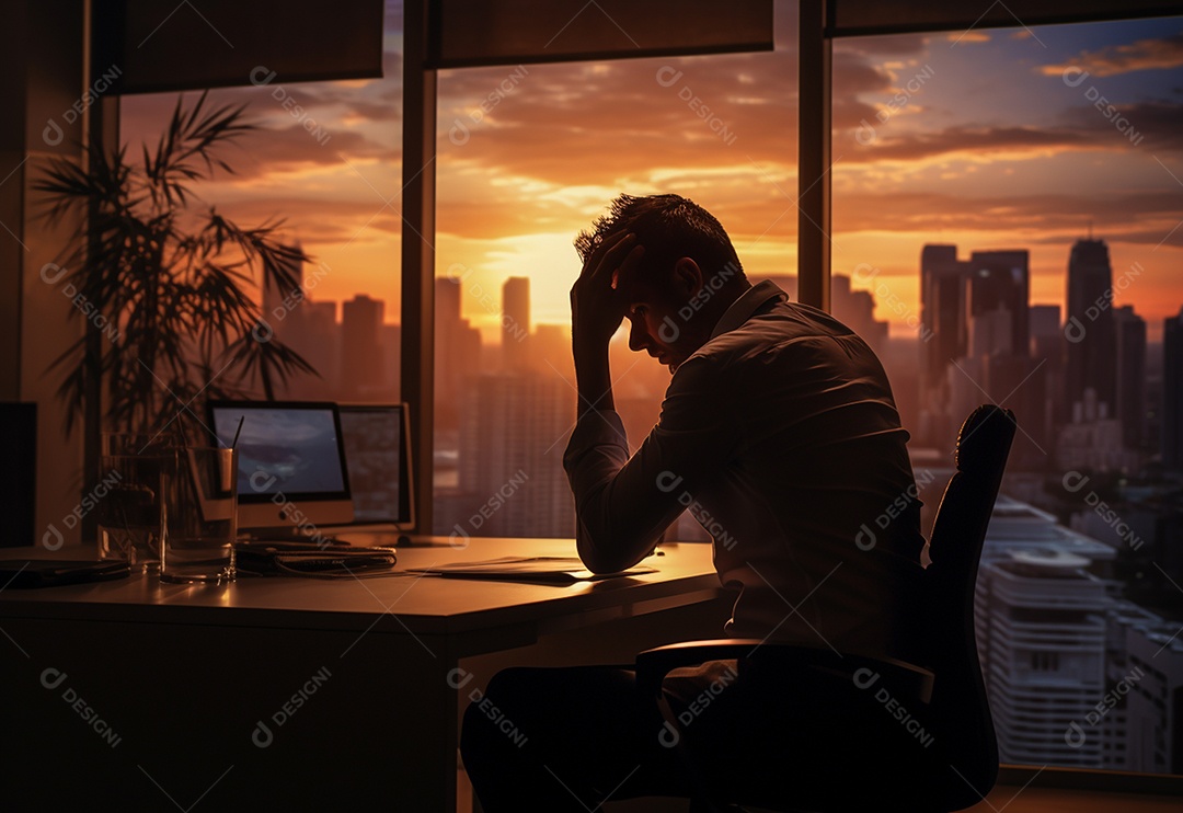 Silhueta de empresário de estresse fotográfico tocando sua cabeça