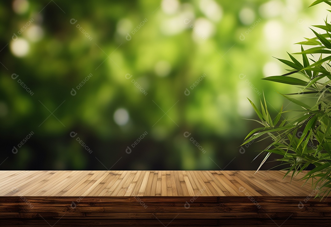 Mesa de madeira de foto em fundo de planta de bambu realista