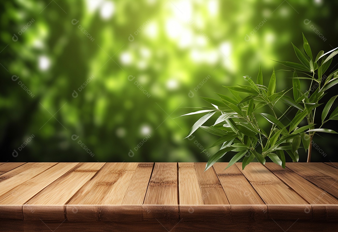 Mesa de madeira de foto em fundo de planta de bambu realista