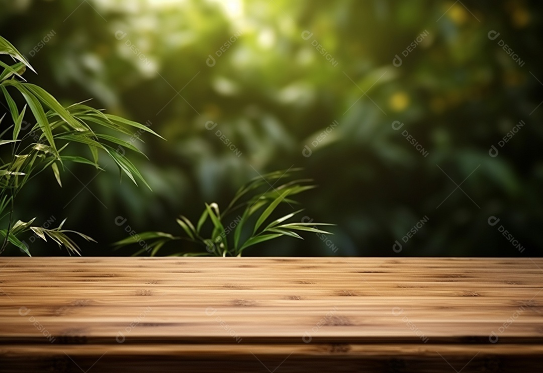 Mesa de madeira de foto em fundo de planta de bambu realista