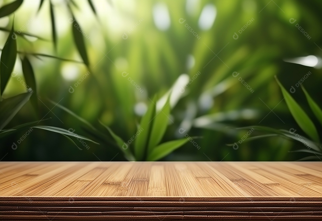 Mesa de madeira de foto em fundo de planta de bambu realista