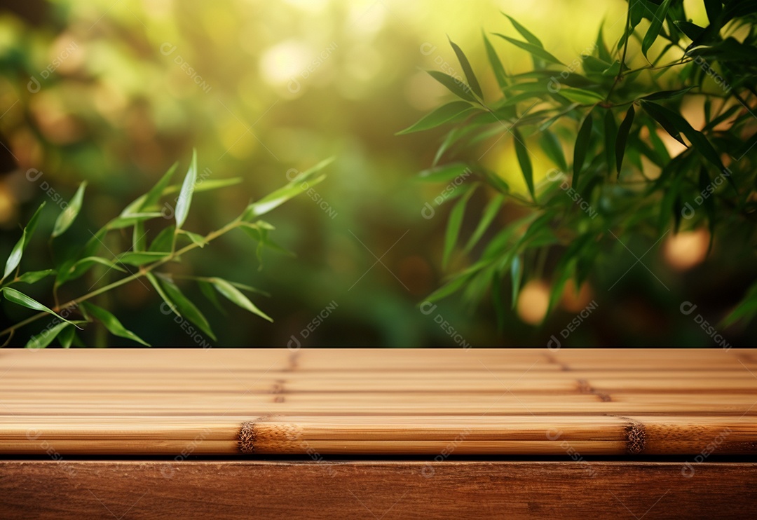 Mesa de madeira de foto em fundo de planta de bambu realista