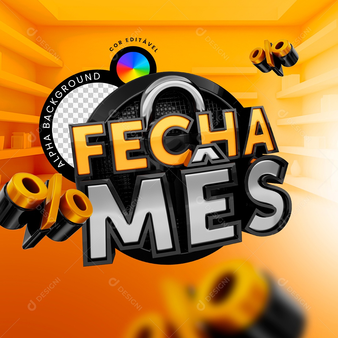 Fecha Mês Selo 3D Dourado e Preto para Composição PSD