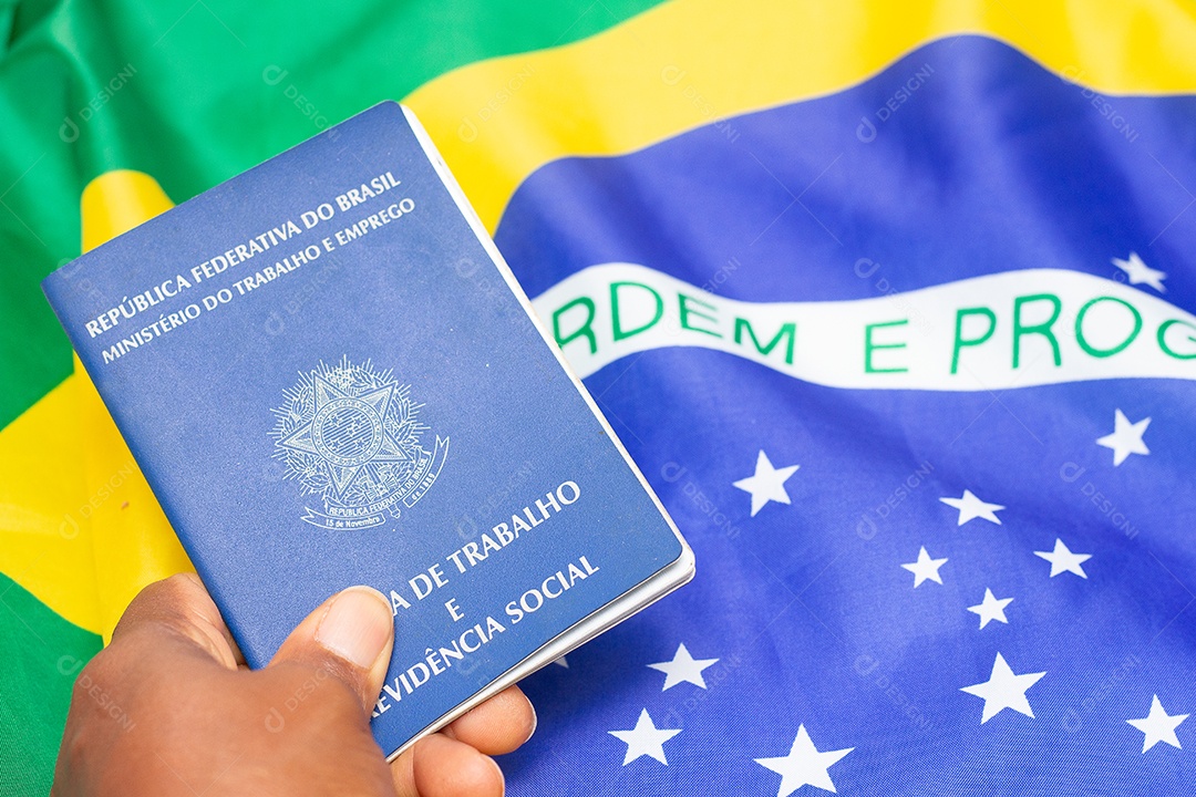 Bandeira brasileira gigante com a mão segurando na carteira de trabalho