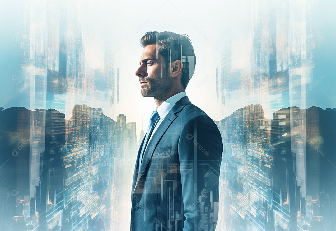 Uma Dupla Exposição de um Empresário na Paisagem Urbana