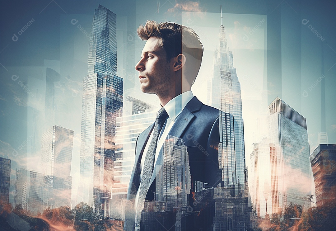 Uma Dupla Exposição de um Empresário na Paisagem Urbana