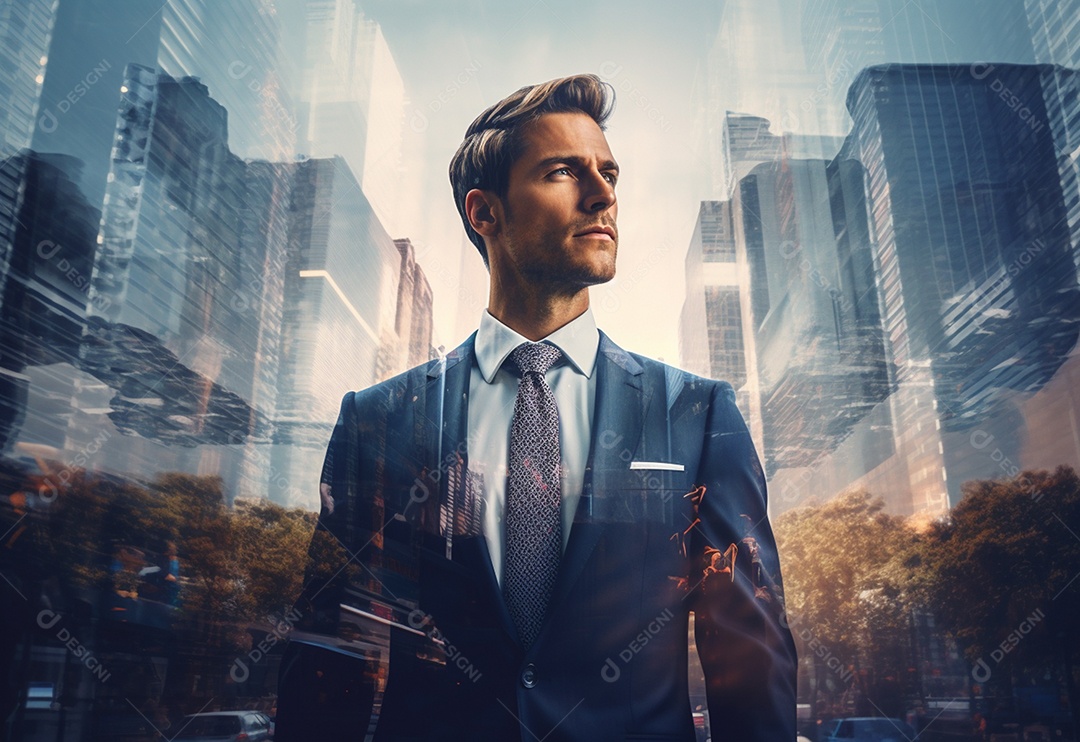 Uma Dupla Exposição de um Empresário na Paisagem Urbana