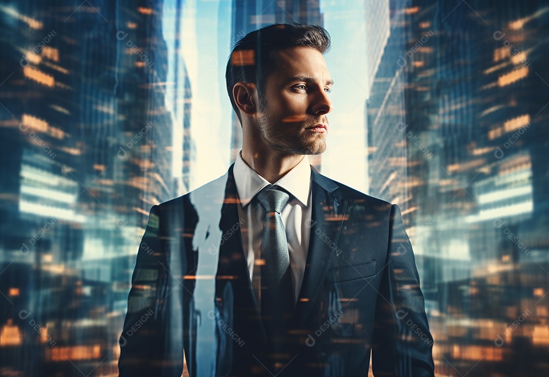 Uma Dupla Exposição de um Empresário na Paisagem Urbana