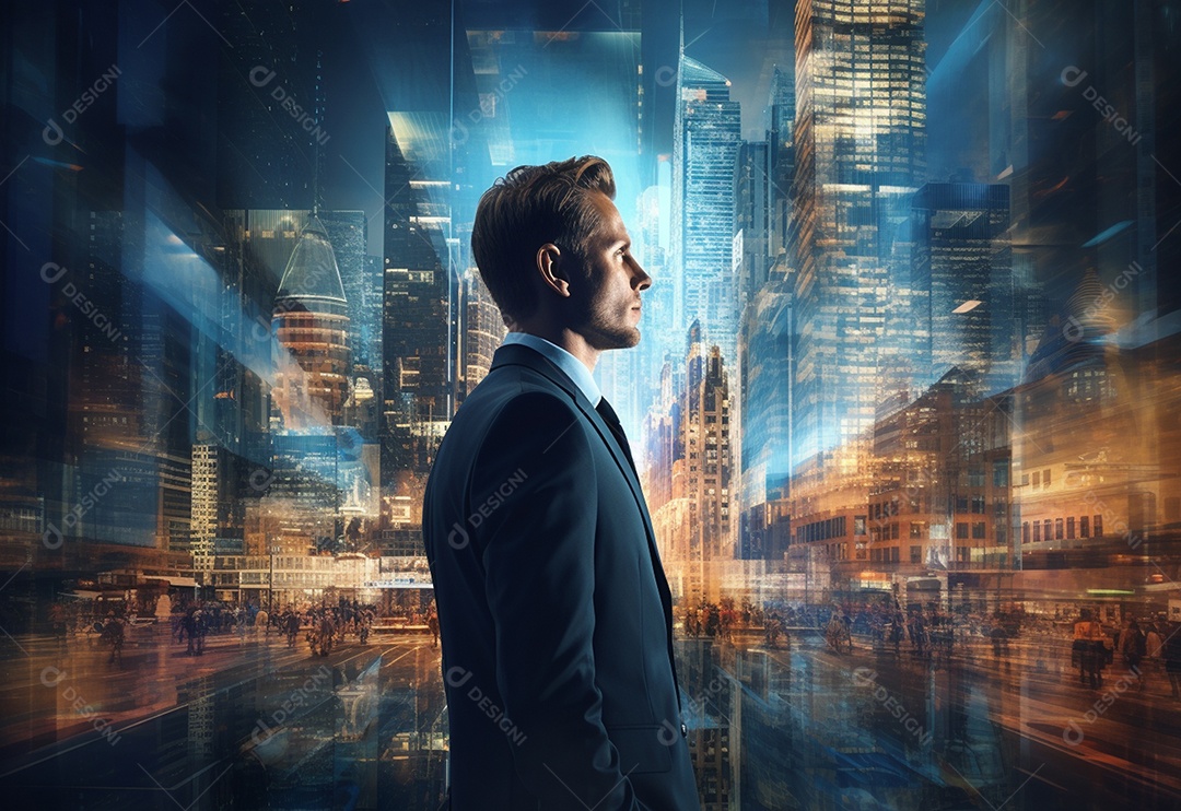 Uma Dupla Exposição de um Empresário na Paisagem Urbana