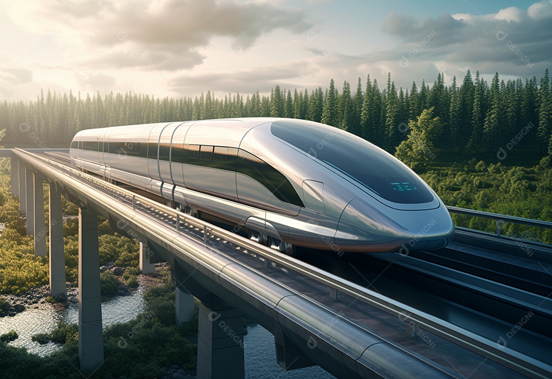 Trem-bala generativo de alta velocidade viajando pela cidade futurista