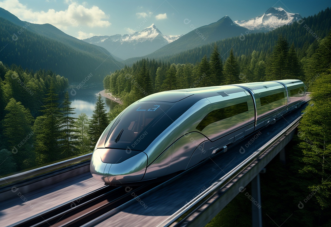 Trem-bala generativo de alta velocidade viajando pela cidade futurista